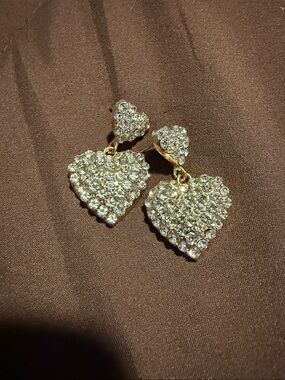 Gold Crystal Heart Drop Earrings - Gold Crystal Heart Dangle